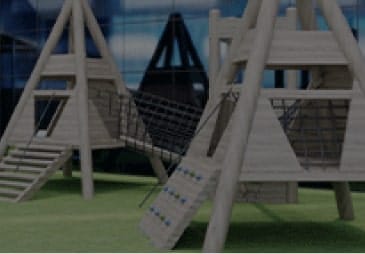 A set of wooden playground equipment in front of a building.