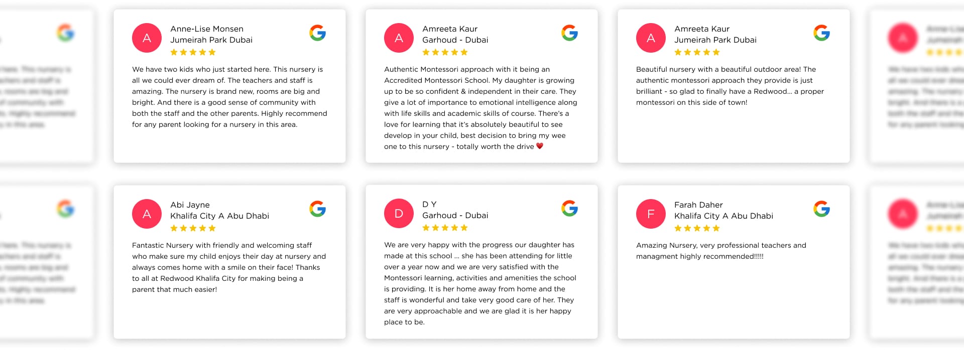 A set of google review cards with different ratings.