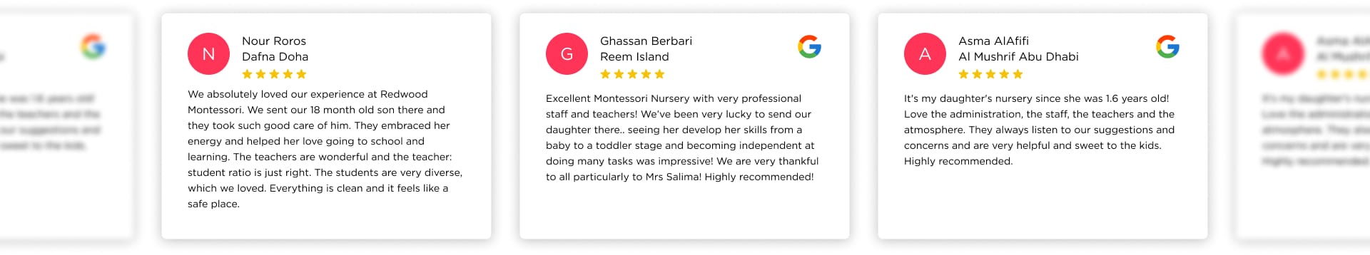 Four different types of reviews are displayed on a screen.