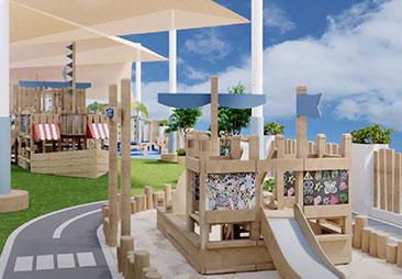 A children’s play area with a slide and swings.