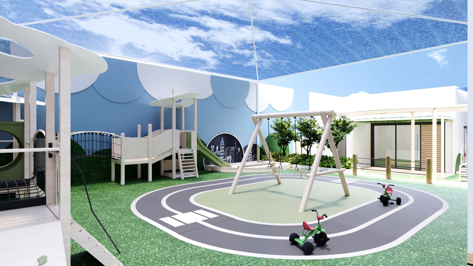 Digital rendering of a modern playground with swings, a slide, and play vehicles on a circular track, surrounded by greenery and contemporary architecture.