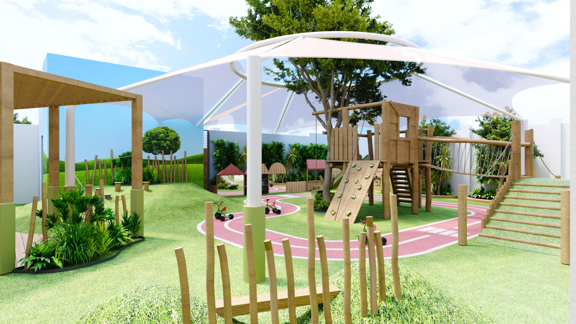 A modern playground with a wooden climbing structure, slides, grassy areas, and pathways, under a canopy with trees in the background.