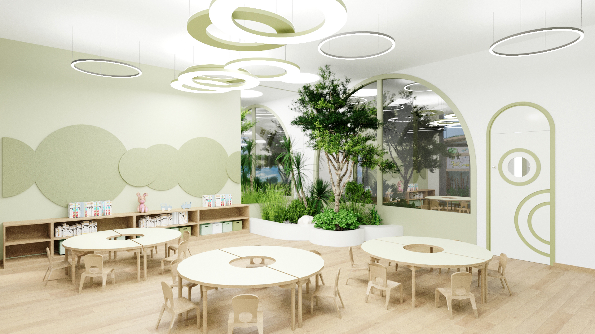 A modern, minimally decorated classroom with circular tables and small chairs. Large windows and indoor plants add brightness. Circular ceiling lights are featured.